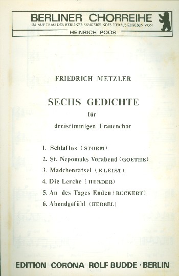 6 Gedichte für Frauenchor a cappella