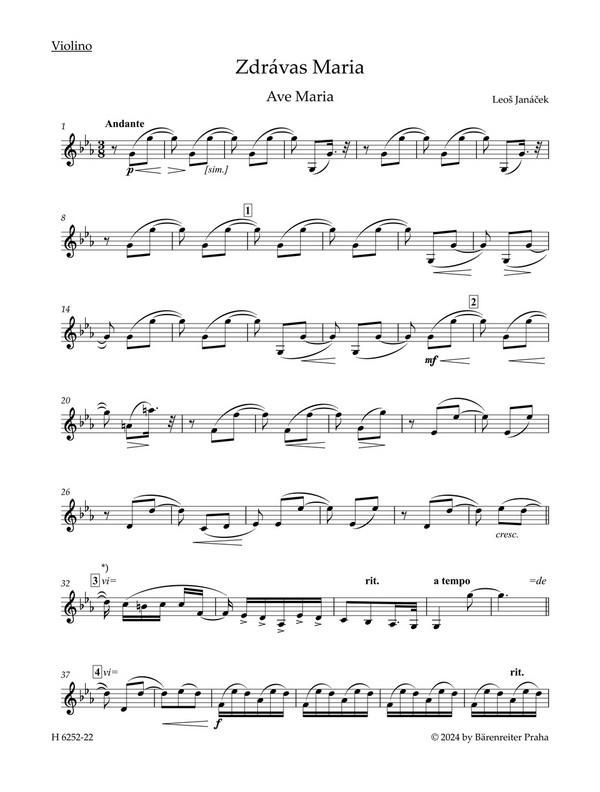 Zdrávas Maria / Ave Maria für Sopran oder Tenor und gemischten Chor (ad libitum) mit Violine und Kla