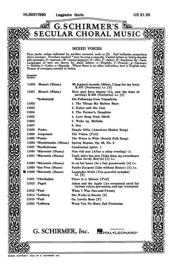 Leggiadre ninfe for mixed chorus