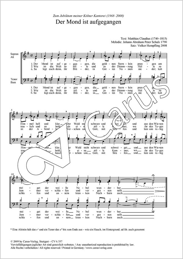 Der Mond ist aufgegangen für gem Chor/