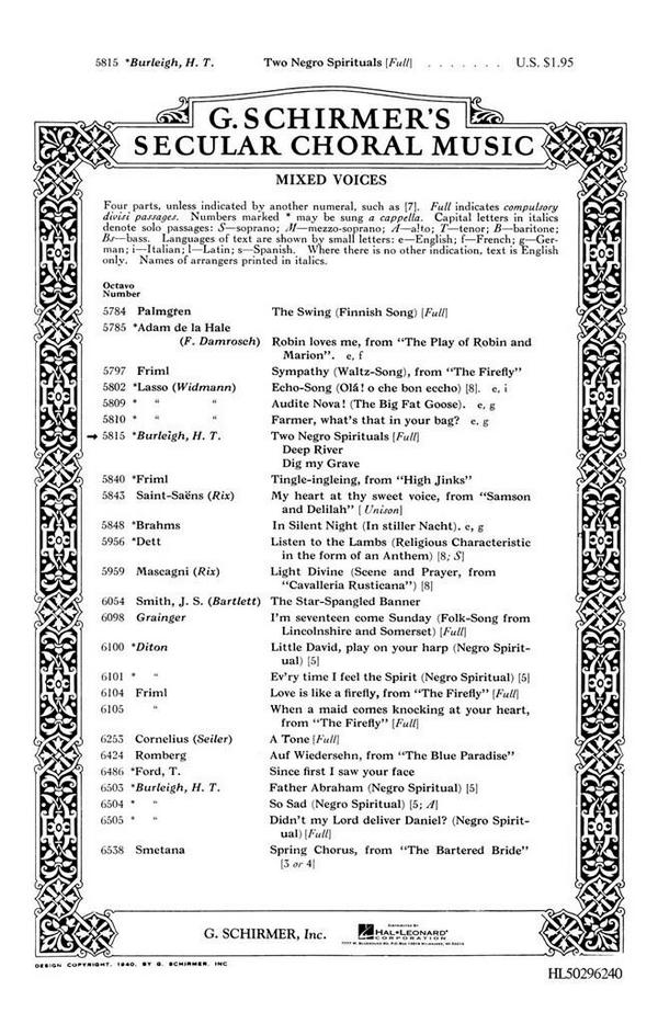 Traditional, Two Negro Spirituals Deep River & Dig My Grave