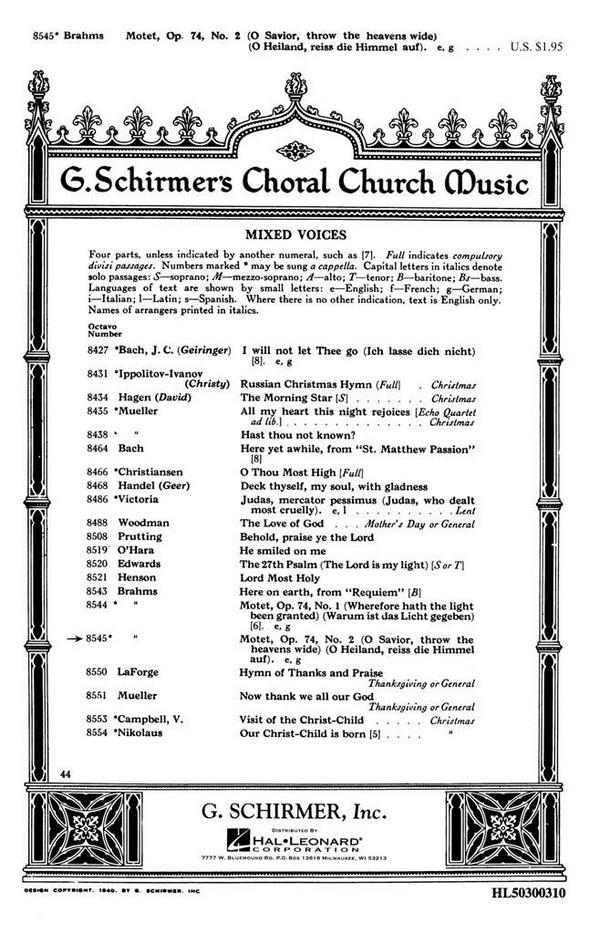 Johannes Brahms, O Saviour, Throw The Heavens Wide