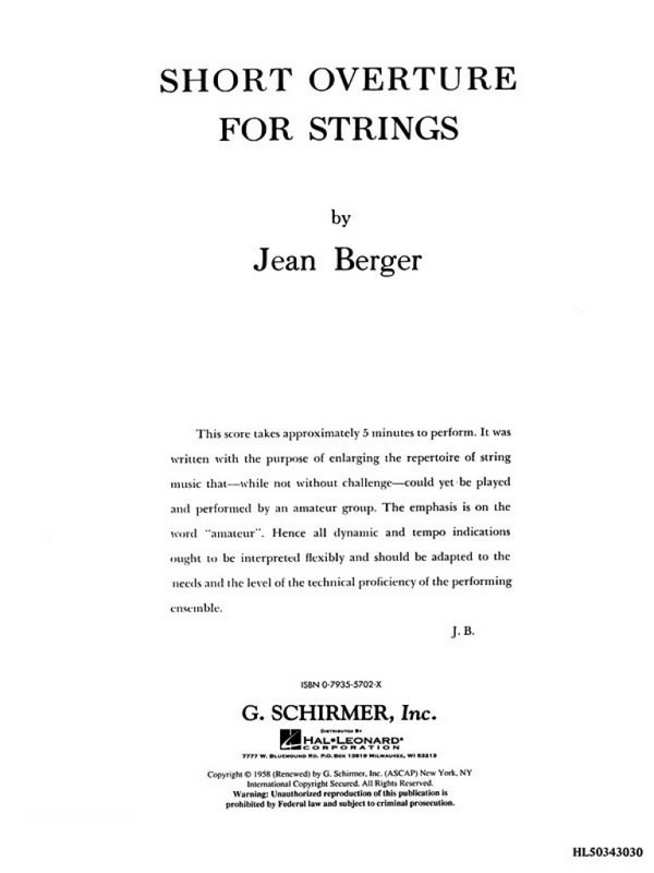 Jean Berger, Short Overture for Strings